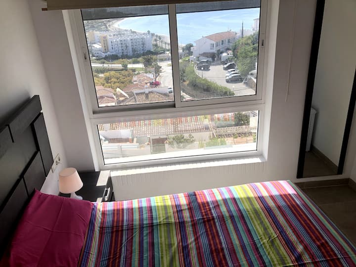 Main front double bedroom with beautiful sea views. 
Also has a motorised awning
