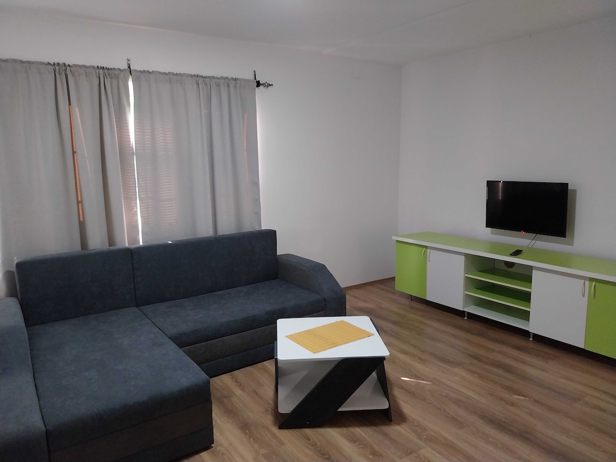 A spacious living area features a dark grey sectional sofa complemented by a modern coffee table. A television is mounted on a white and green media console. Floor-to-ceiling curtains frame large windows, allowing soft light to fill the room, which has warm wooden flooring.