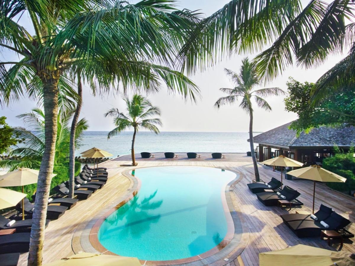 An inviting pool area is surrounded by wooden decking, offering sun loungers and umbrellas for shade. Palm trees gently frame the scene, leading the eye towards the tranquil ocean view in the background.
