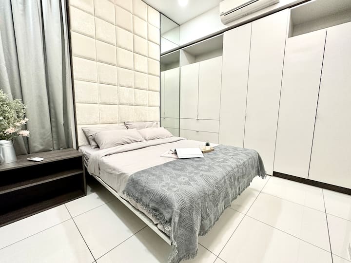 Comfortable and clean Queen size bed with lots of storage spaces, hair dryer, and attached bathroom