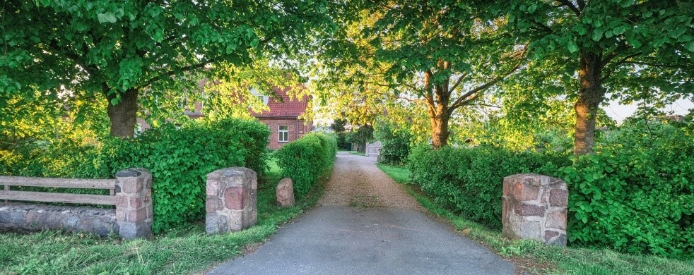 A scenic pathway leads to a welcoming country house, flanked by lush greenery and trees casting gentle shadows. Natural stone pillars define the entrance, while the warm glow of sunlight filters through the leaves, creating an inviting atmosphere.