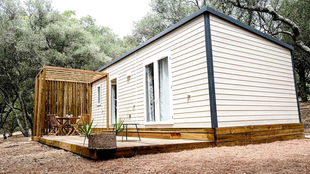 A modern mobile home is set amidst natural surroundings, featuring a light-colored exterior with large windows. A wooden deck with seated area is visible, framed by lush greenery, creating a serene outdoor space. The structure is designed to blend harmoniously with its environment.