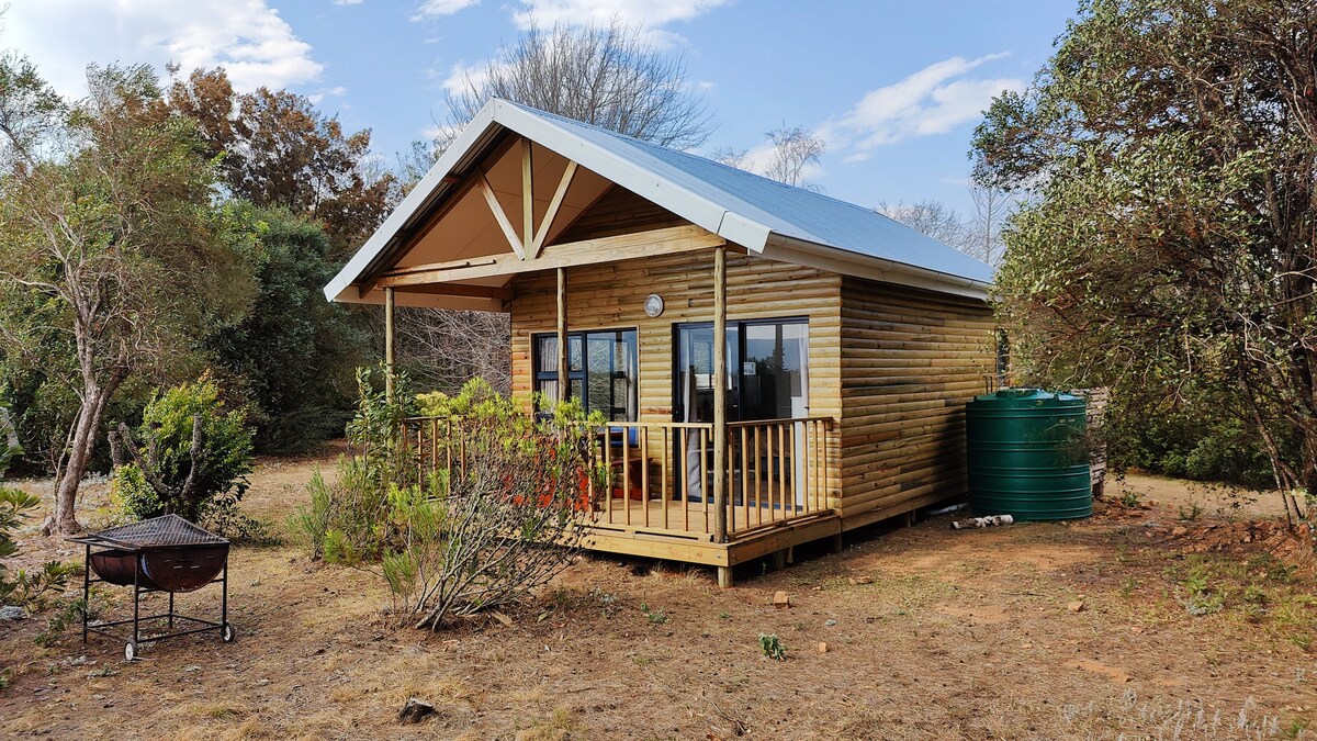 The cabin features a wooden exterior with a sloped roof and a spacious deck. Large windows provide natural light and connect indoor areas with the garden surroundings. A fire pit is located nearby, surrounded by shrubs and trees, enhancing the serene ambiance.