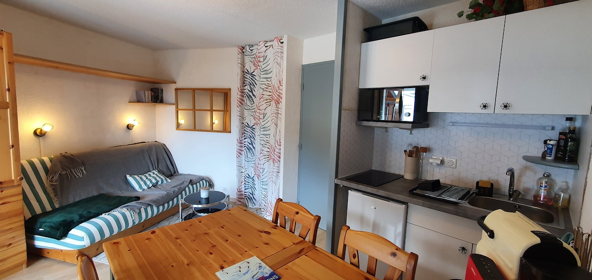 The studio features a cozy living area with a sofa bed, complemented by a wooden dining table with four chairs. A kitchenette is equipped with essential appliances, including an induction cooktop and microwave. Simple decorative elements enhance the welcoming atmosphere.