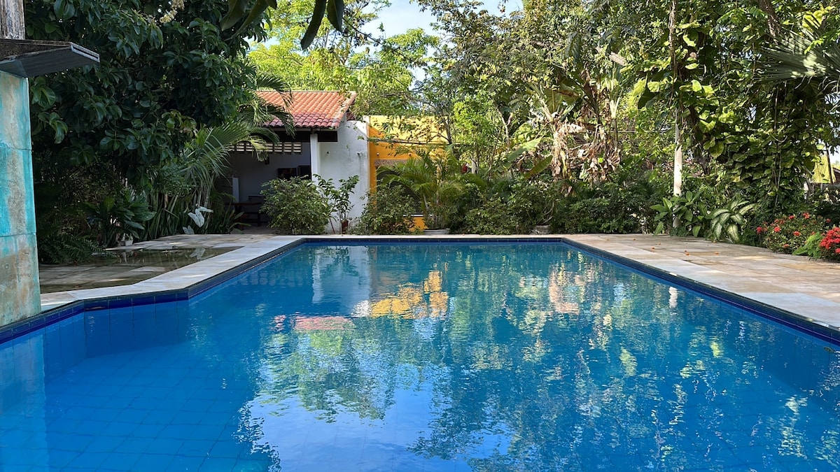 A serene swimming pool is surrounded by lush greenery and vibrant plant life, reflecting the clear blue sky above. The pool area is enhanced by a spacious deck, offering ample room for relaxation. A glimpse of a nearby structure is visible amidst the foliage.