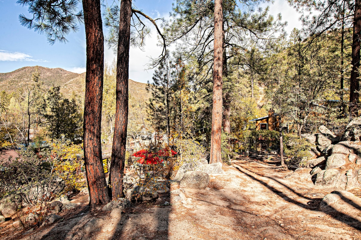 Lush pine trees frame the scene, casting gentle shadows on a natural, bear rock pathway. A mix of greenery and seasonal colors can be seen in the background, with distant mountains and a hint of vibrant red foliage adding to the serene setting.