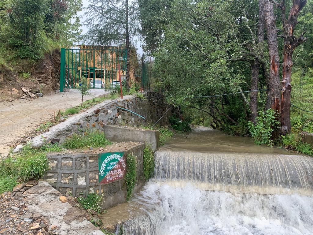 A tranquil setting is presented, featuring a flowing creek with gently cascading water. Lush greenery surrounds the area, and a stone barrier is visible next to the water. A gated entrance is seen in the background, partially obscured by trees.