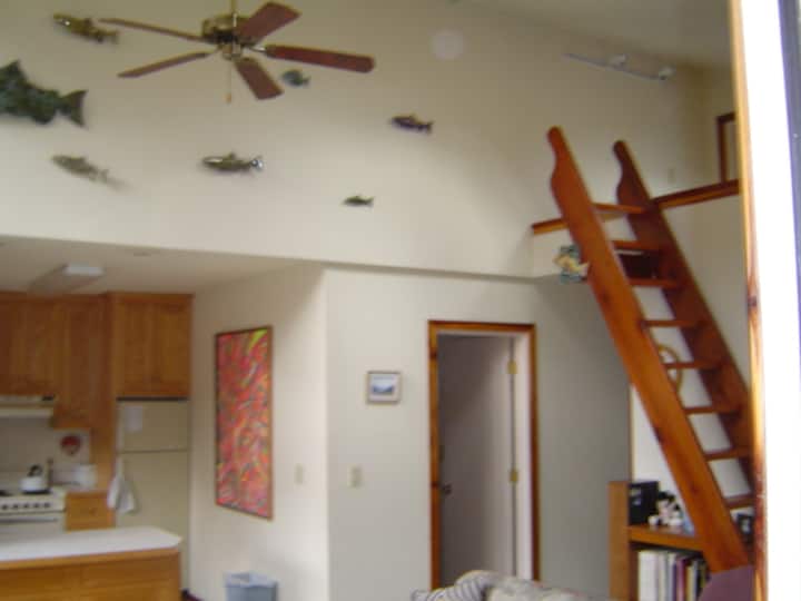 Ladder to the loft bed, the third sleeping area, and the entrance to the full kitchen