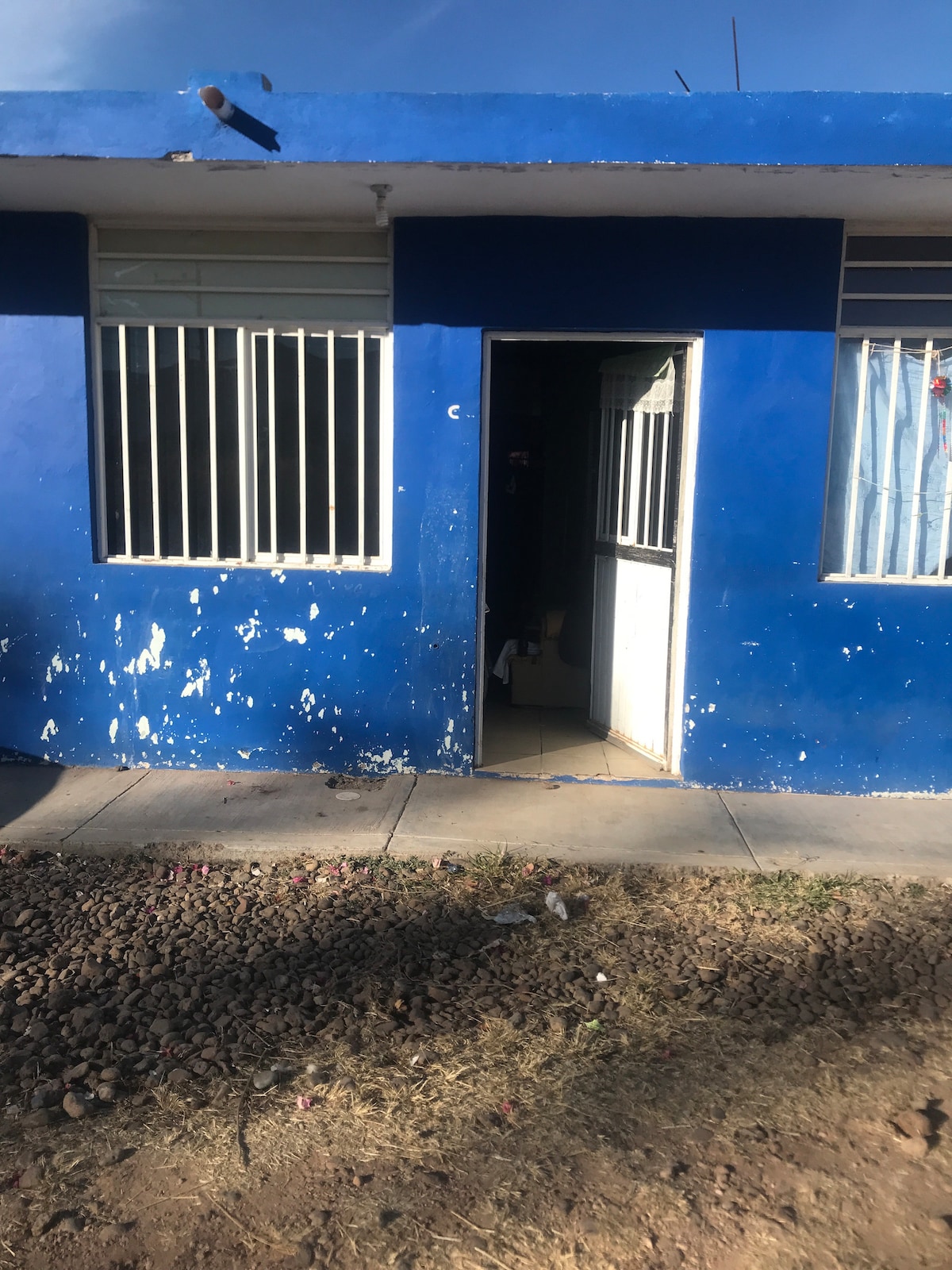 A vibrant blue exterior of a single-story building is presented, featuring large windows with grilles. The entrance door is partially open, revealing a glimpse of the interior. An area of rocky ground and sparse grass is visible in front of the structure.