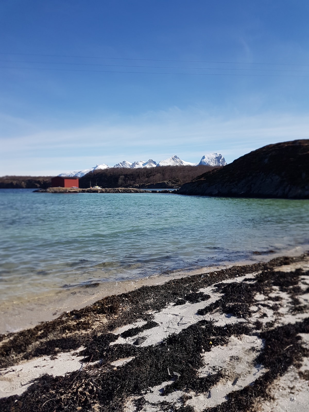 A serene beach scene is captured, featuring calm turquoise waters lapping against a sandy shore. Smooth pebbles and strands of seaweed are visible along the coastline, with distant snow-capped mountains creating a picturesque backdrop. A red building is situated on the opposite side of the water.