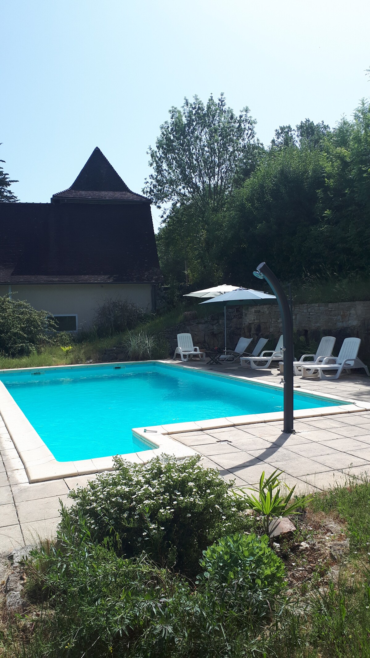 A swimming pool is presented with clear turquoise water, surrounded by a spacious deck featuring multiple sun loungers. A shaded area is provided by an umbrella, and lush greenery adds to the setting. The background includes a quaint, rustic building with a distinctive roof.