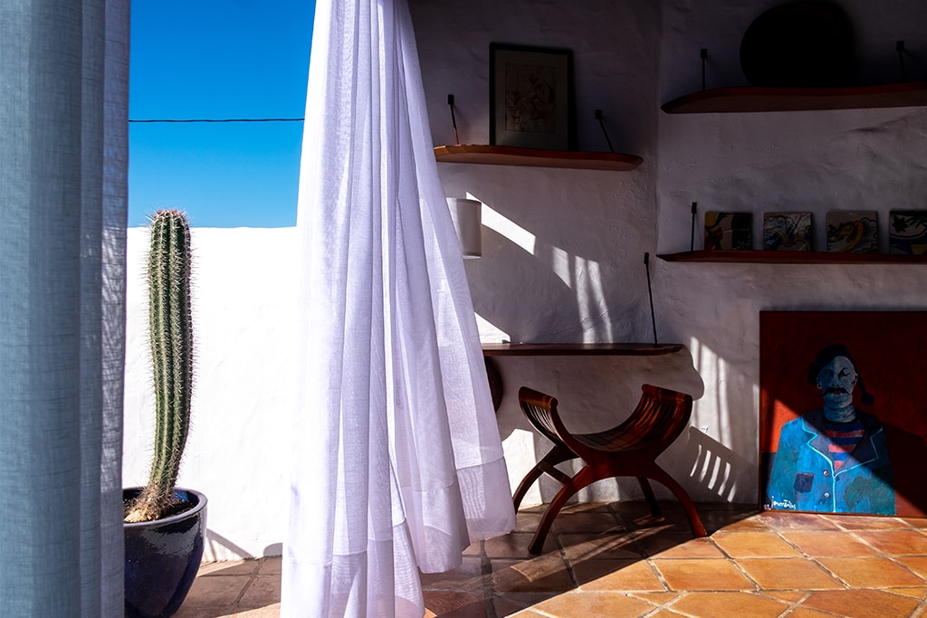 A serene corner of the courtyard is depicted, with a tall cactus rising beside a circular wooden table. Soft white curtains flutter gently, casting shadows alongside the textured terracotta floor. Art pieces can be glimpsed on a nearby shelf, contributing to the space's artistic ambiance.