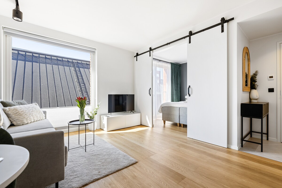 A bright living area features a comfortable sofa and a minimalistic entertainment unit. Large windows allow natural light to flood the space, revealing a glimpse of the outdoors. A separate sleeping area is partially visible through a sliding door, enhancing the open layout.