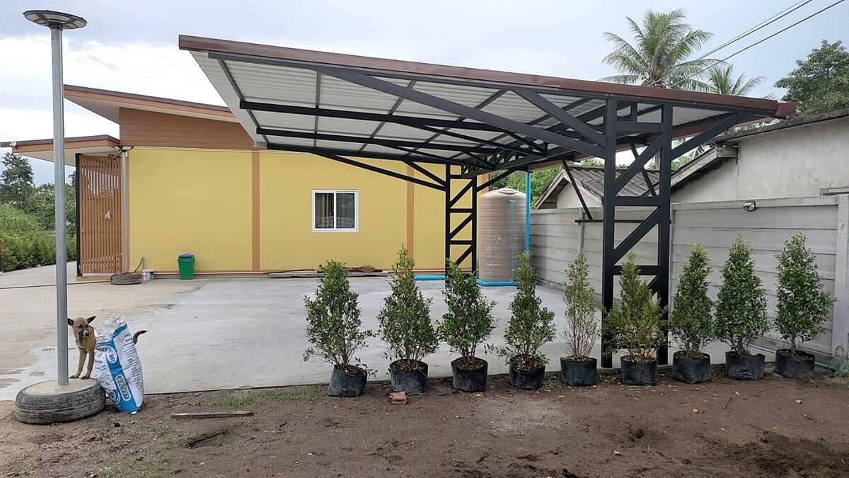 An outdoor space is showcased, featuring a covered area supported by a metal structure. Small potted plants line the ground, while a friendly dog stands nearby, and a rainwater collection tank is visible in the background. A yellow building is seen beyond.