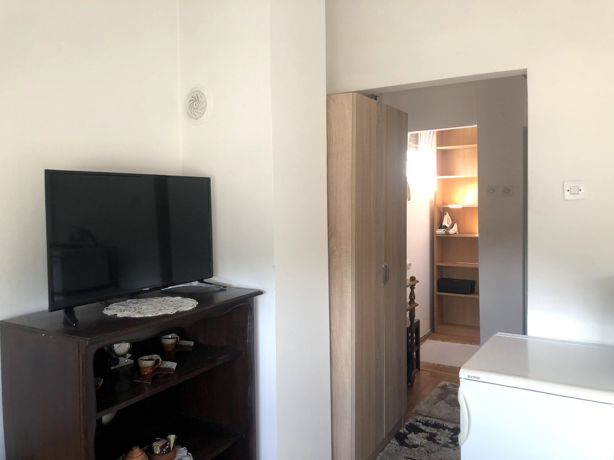 A compact living space showcases a wooden cabinet with a television, accompanied by decorative elements. A doorway leads to a neatly organized area, while a white refrigerator is positioned in the foreground. Soft lighting enhances the cozy atmosphere of the studio.