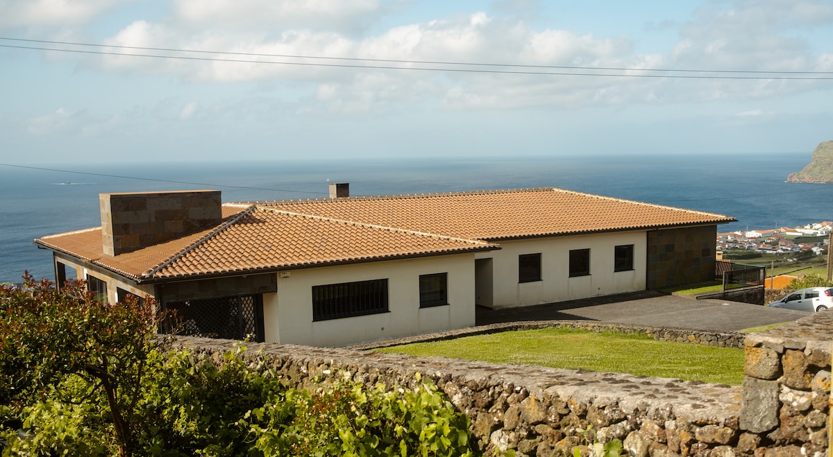 A modern house is situated on the hillside, offering a panoramic view of the ocean. The exterior features a sloped terracotta roof and stone accents, surrounded by well-maintained greenery and a stone wall. Large windows provide natural light and a connection to the landscape.