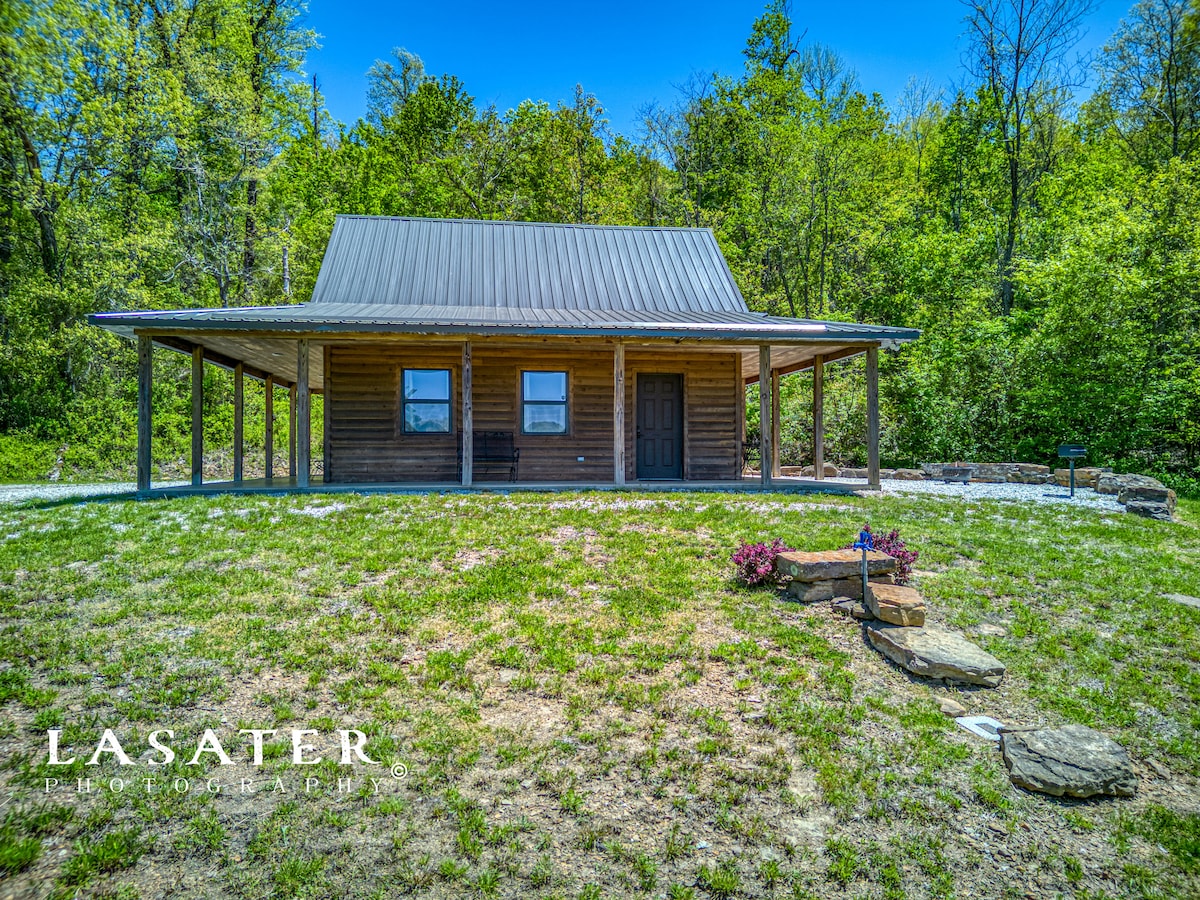 A wooden cabin with a metal roof is presented, featuring a spacious front porch supported by sturdy posts. The surrounding area consists of a grassy lawn and natural landscaping with trees in the background. A stone pathway leads towards the entrance, enhancing the outdoor appeal.