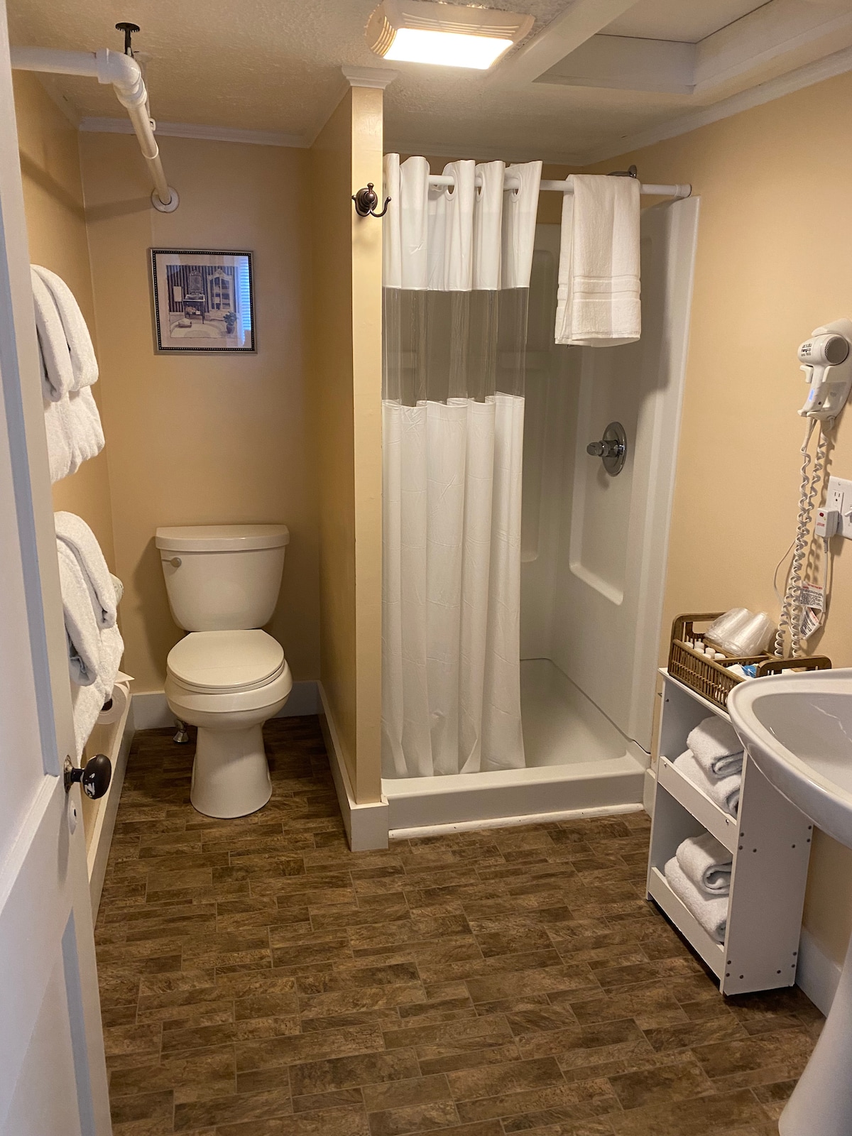 A functional bathroom is outfitted with a shower enclosed by a clear curtain. Fresh towels are neatly arranged on shelves, and a decorative picture adorns the wall. A toilet and a sink are positioned to provide convenience for guests.