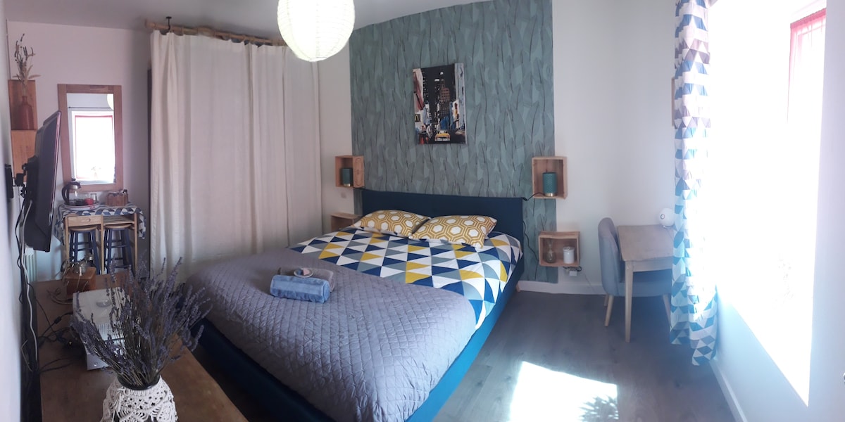 A spacious bedroom is highlighted by a large double bed adorned with colorful patterned bedding. Soft natural light filters through the window, illuminating the room. A desk is positioned near the window, and storage units provide additional space for belongings.