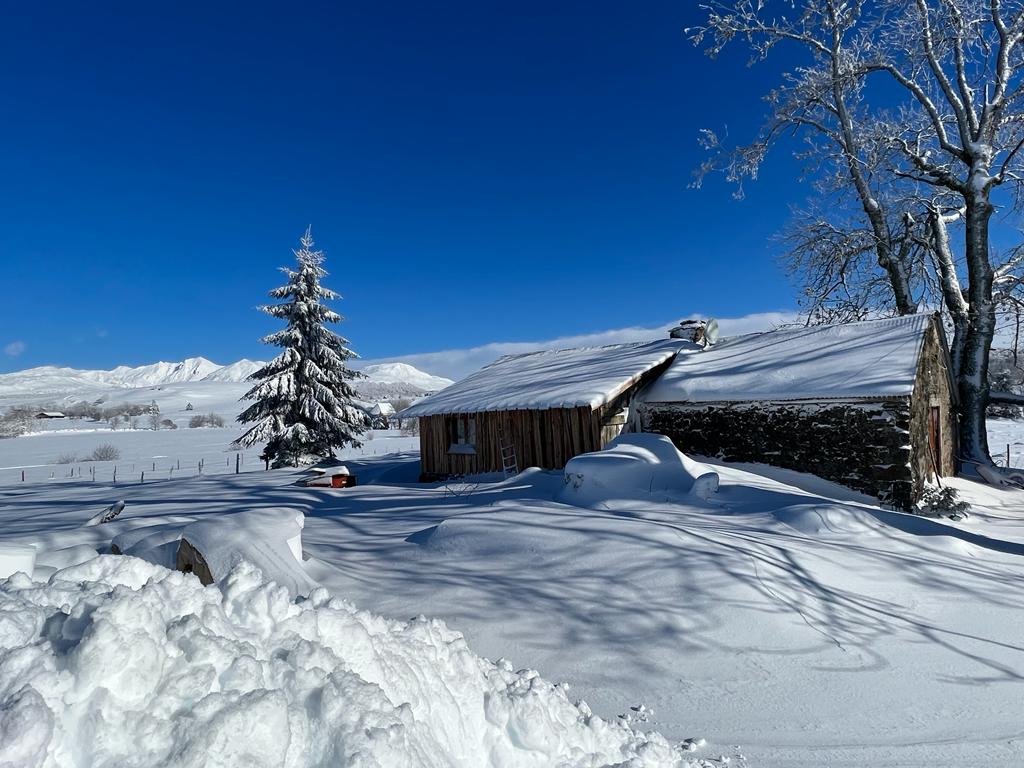 A snow-covered rustic exterior of the buron is displayed, surrounded by a blanket of white snow. A tall evergreen tree stands nearby, contrasting with the clear blue sky. The serene landscape features distant mountains in the background, creating a peaceful winter atmosphere.