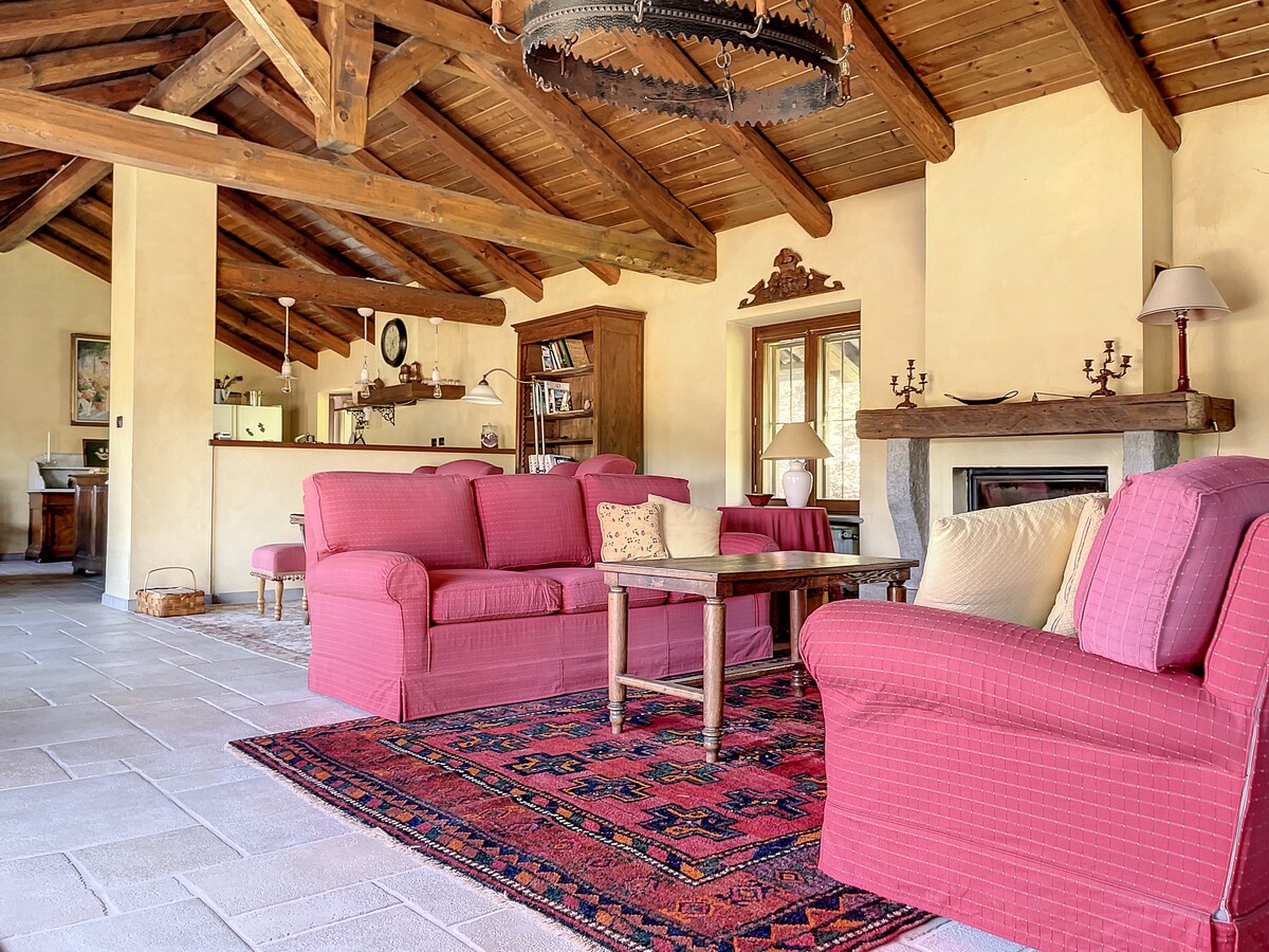 A spacious living area features high wooden ceilings with exposed beams. Two pink sofas are arranged around a central wooden table, inviting relaxation. A traditional area rug adds warmth. A fireplace with a stone mantle serves as a focal point, while light filters through the nearby window.