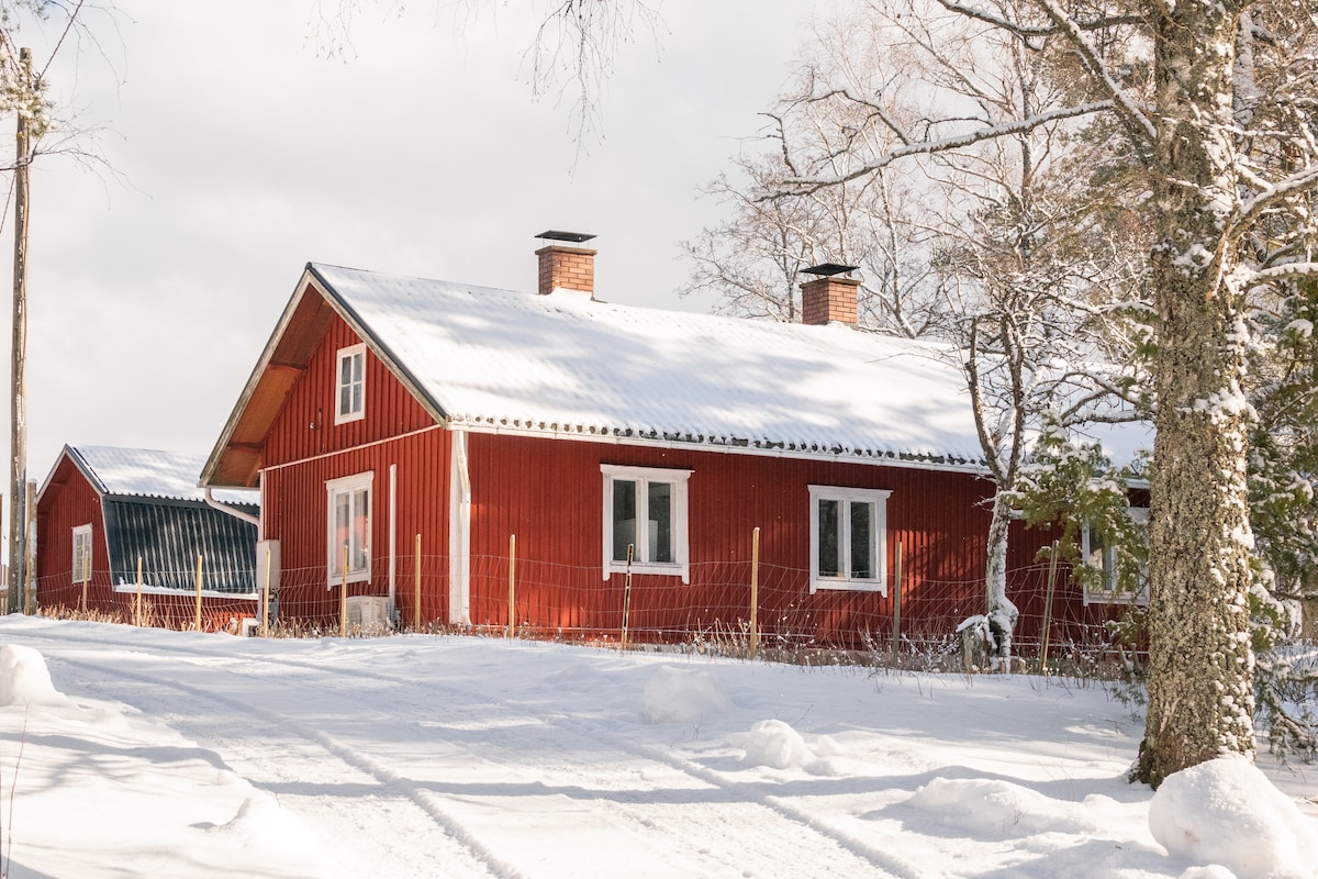 A traditional red wooden house with white windows is surrounded by a blanket of snow. Two smaller outbuildings are visible, along with a snow-covered path leading to the main entrance. The scene is framed by leafless trees, highlighting a serene winter landscape.