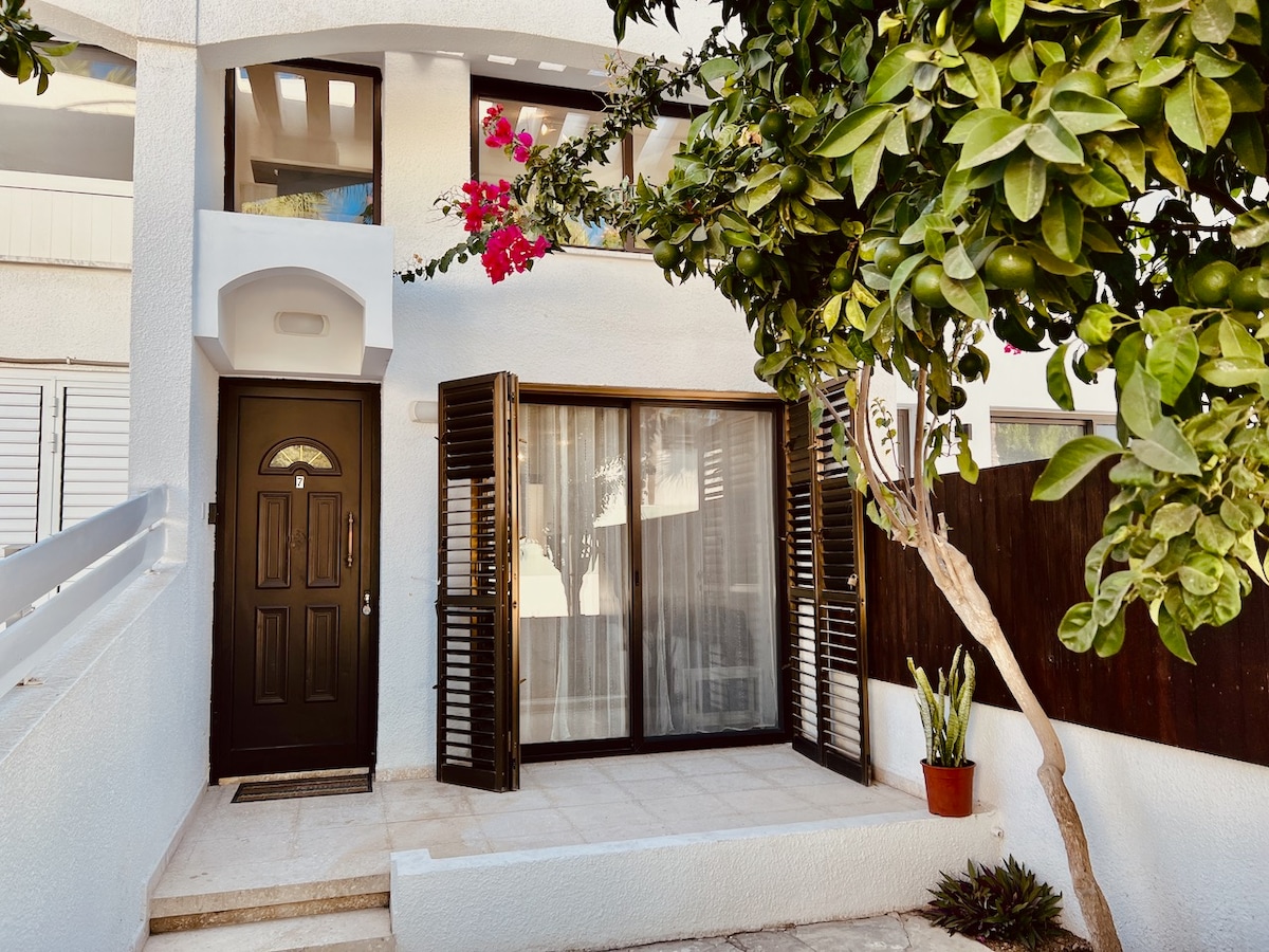 The entrance of the townhouse is characterized by a dark wooden door framed by decorative shutters. A small potted plant is positioned to the side, and vibrant foliage enhances the welcoming space, with light filtering through the nearby curtains.