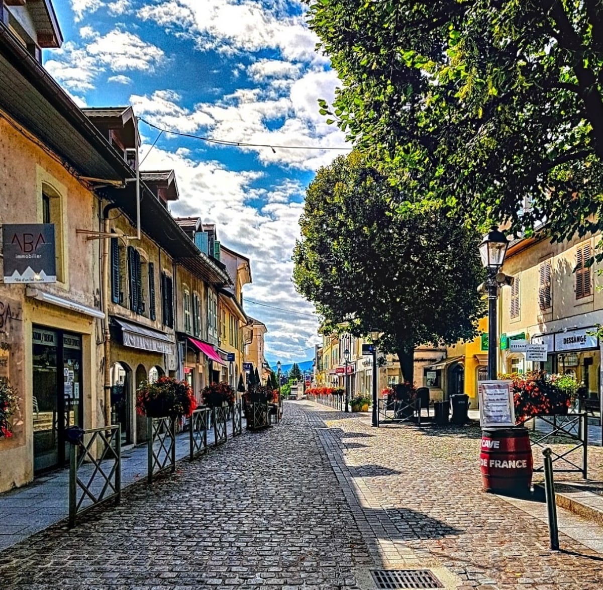 A charming street scene is captured, lined with quaint buildings emerging from soft clouds above. Large trees provide shade along the cobblestone path. Flower arrangements adorn the storefronts, contributing to a welcoming atmosphere that invites exploration in this vibrant neighborhood.