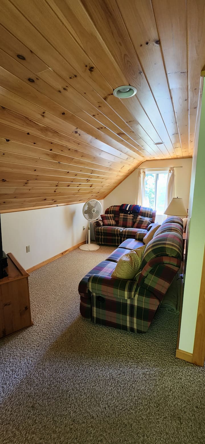 Телевизорът в хола на горния етаж има система за видеоигри от старата школа, DVD плейър и достъп до любимите ви предавания в Netflix.  