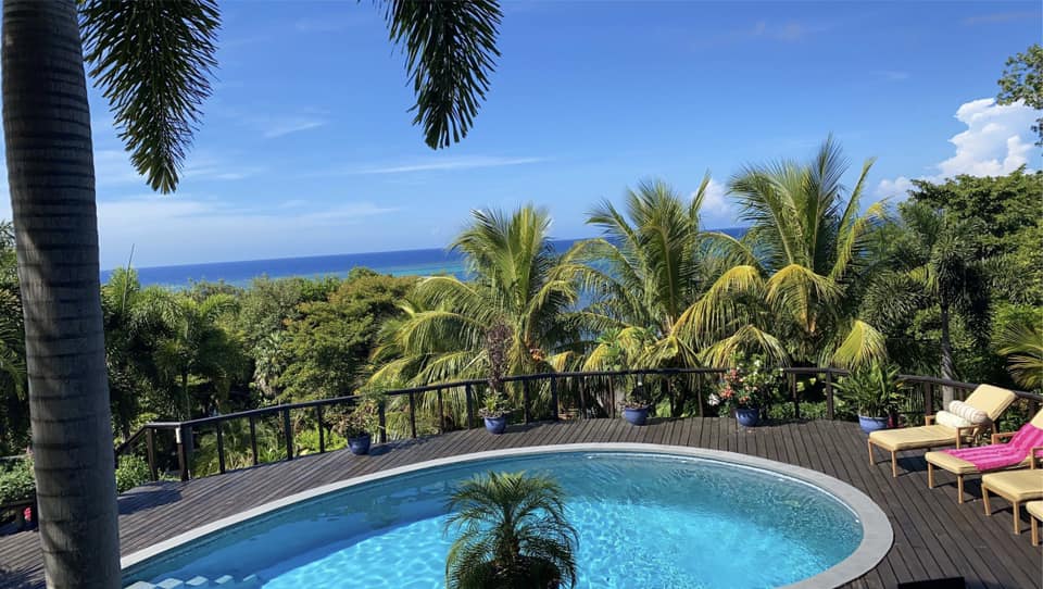 A circular pool is framed by a wooden deck, surrounded by vibrant greenery and potted plants. Tall palm trees offer shade, while an expansive view of the ocean stretches in the background under a clear blue sky.