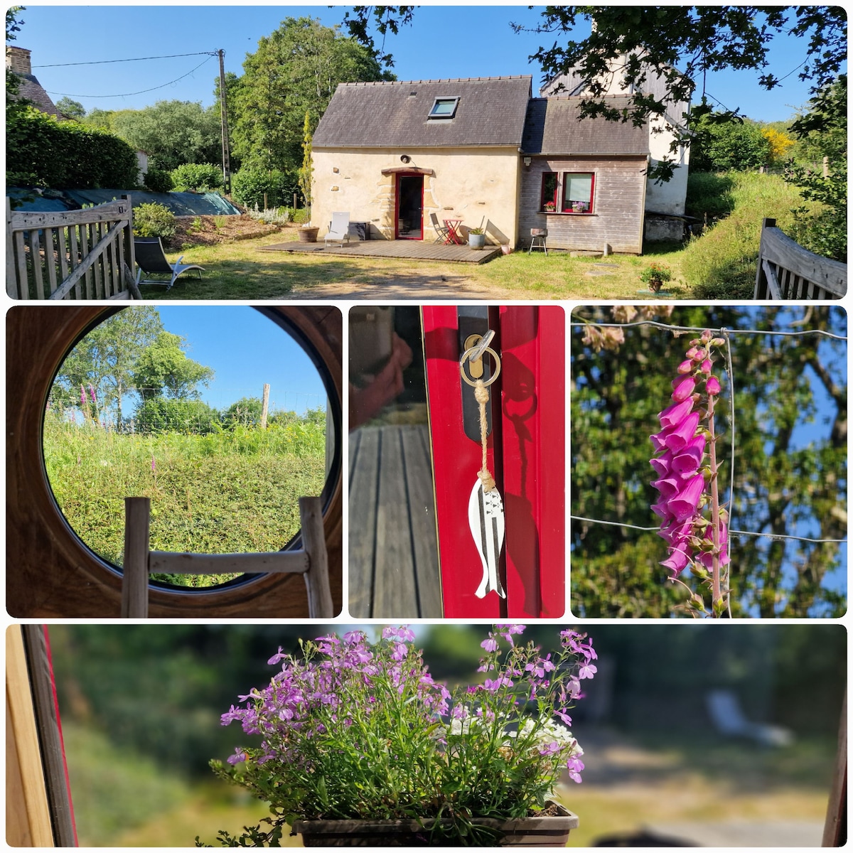 The image captures a peaceful outdoor area surrounding a charming house. A cozy terrace is visible, complemented by natural greenery and blooming flowers. A unique circular window offers a glimpse of the lush landscape, while a close-up shot highlights gardening tools and a dangling key near vibrant flowers.