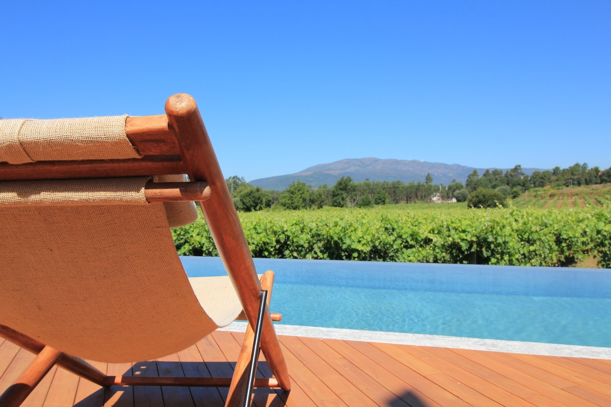 A wooden lounge chair is positioned on a sunlit deck, overlooking a serene infinity pool. Lush vineyards extend into the distance, framed by a clear blue sky and gentle mountains in the background.