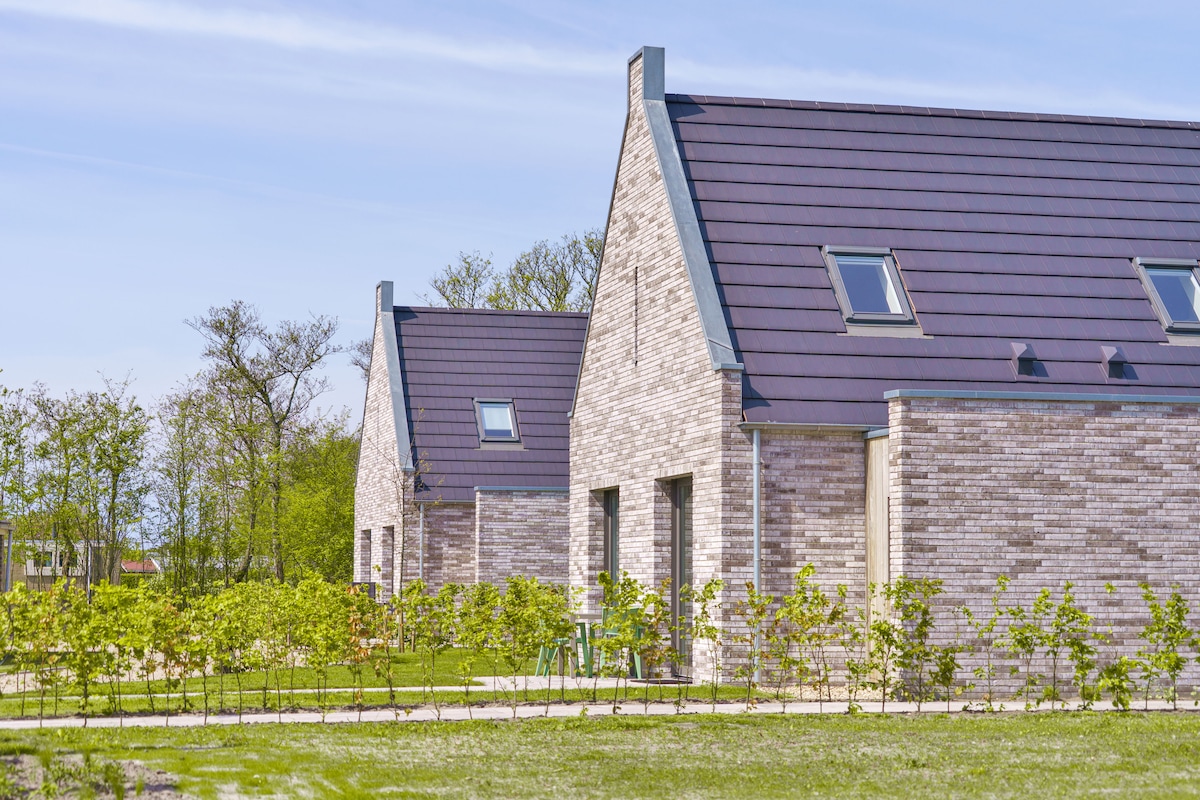 Two modern vacation homes are set against a clear blue sky, showcasing their distinctive gabled roofs. A well-maintained garden area lies in front, with low shrubs and neatly arranged pathways leading to the entrances. Natural light highlights the textured brick façades.