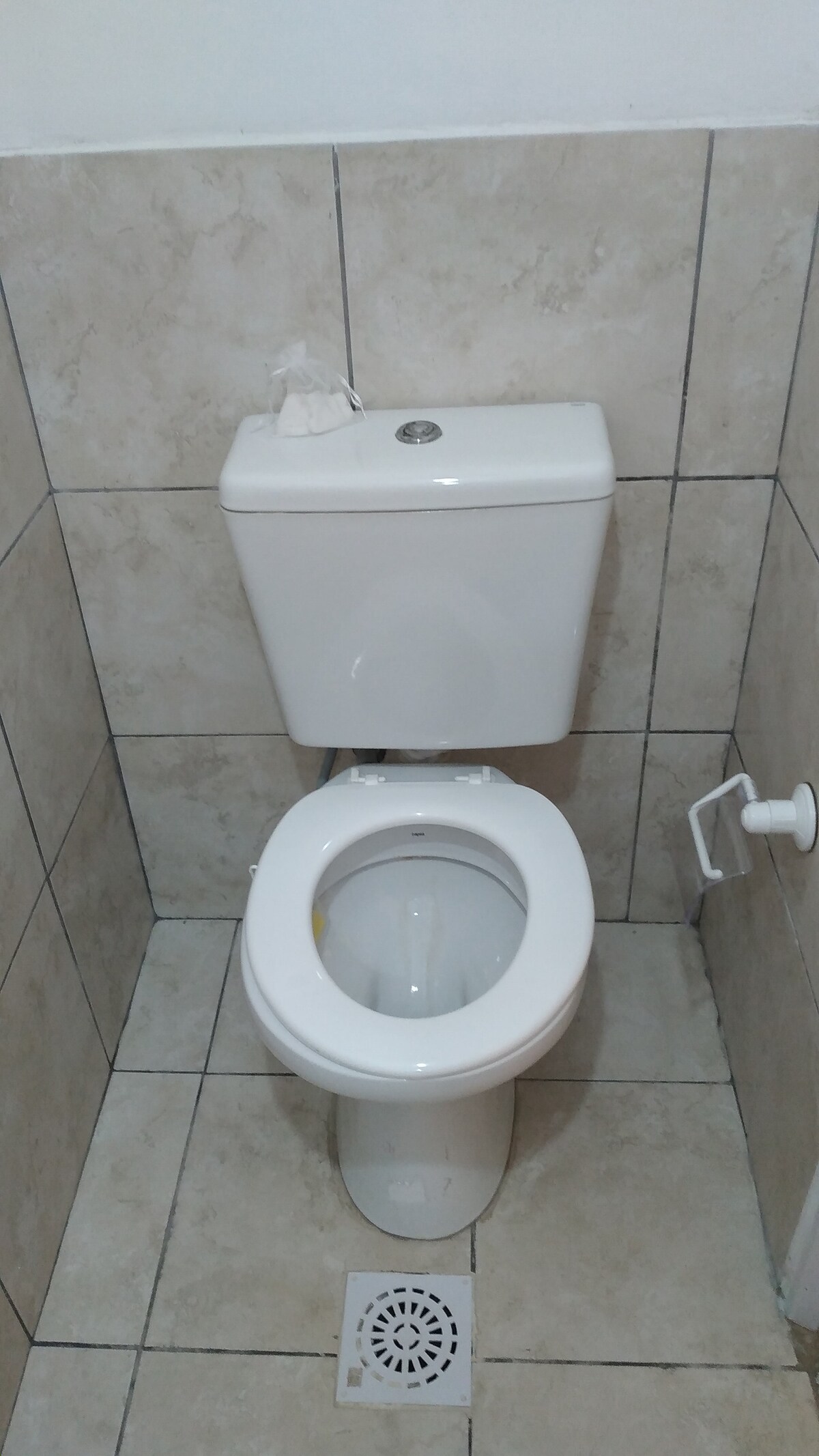 A clean and functional bathroom is displayed, featuring a modern toilet setup against neutral-toned tiled walls. The toilet is topped with a white lid, and a toilet paper holder is visible to the right.