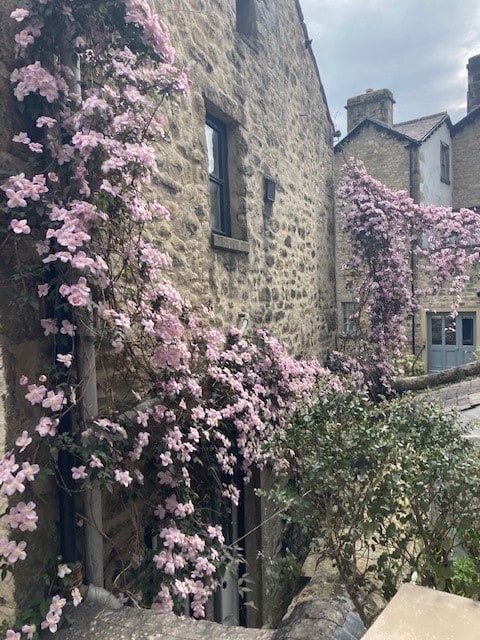 A stone building is adorned with blooming pink flowers cascading down its walls. The rustic charm of the structure is complemented by the surrounding greenery, creating a vibrant outdoor scene. The setting reflects the character of the historic market town.
