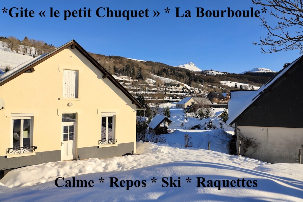 A charming single-story house is shown in a snowy landscape, surrounded by serene rural scenery. The roof is blanketed in snow, with a backdrop of mountains visible under a clear sky. The house features a small porch and light-colored exterior walls.