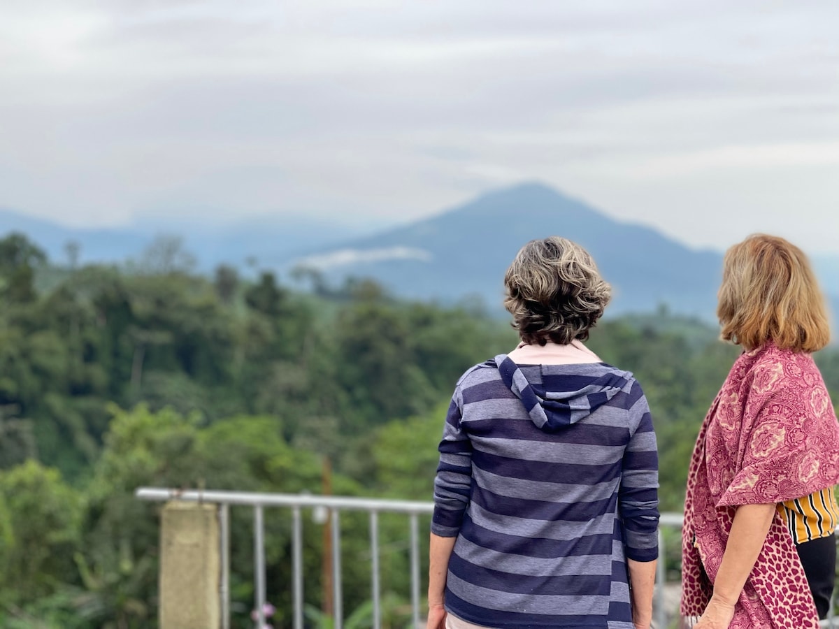 Two individuals are seen gazing at a lush green landscape, with mountains rising in the background under a soft sky. A railing is visible in the foreground, providing a sense of depth to the serene view.