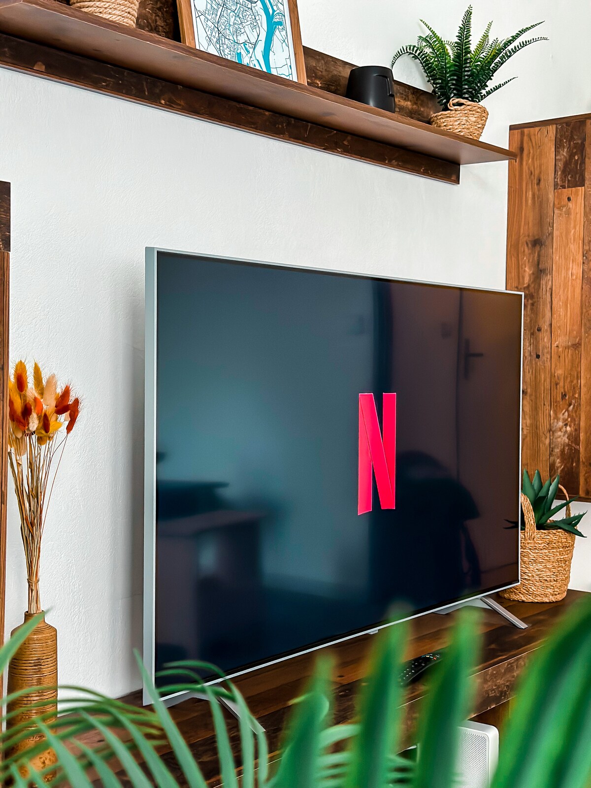 A modern television is mounted on the wall, displaying the Netflix logo. Below, a wooden shelf houses decorative items and plants in woven pots. Lush greenery in the foreground adds a touch of nature to the space.