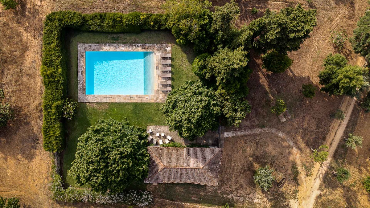 An aerial view captures a rectangular pool surrounded by neatly trimmed hedges and trees. A patio area with several lounge chairs is visible beside the pool. The surrounding landscape features open fields and a path leading through the greenery.