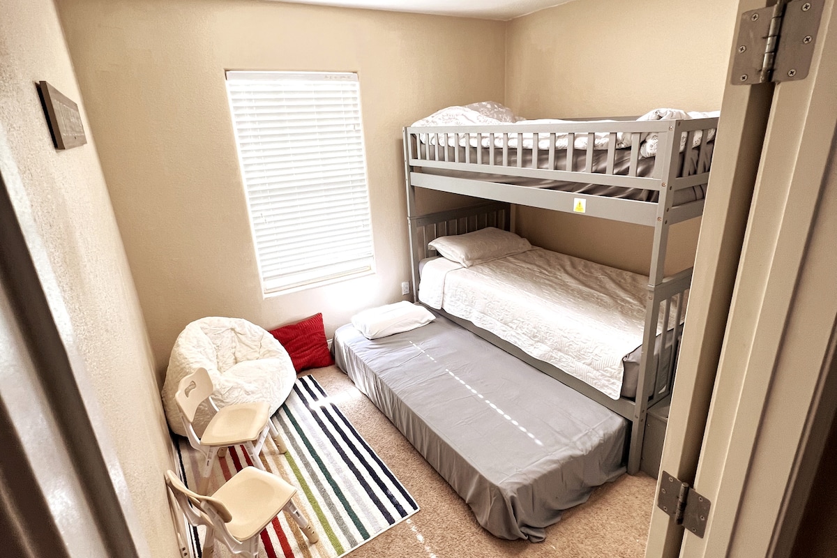 bedroom #3 Got kids? Our tri-bunk twin beds, complete with memory foam, guarantee they sleep like royalty!