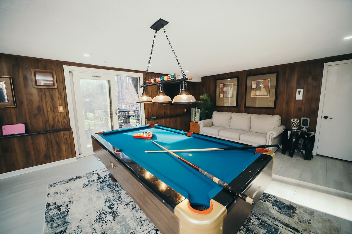 Professional pool table with a sofa bed couch on a side and tv / Mesa de billar profesional con un sofá cama a un lado y televisión.