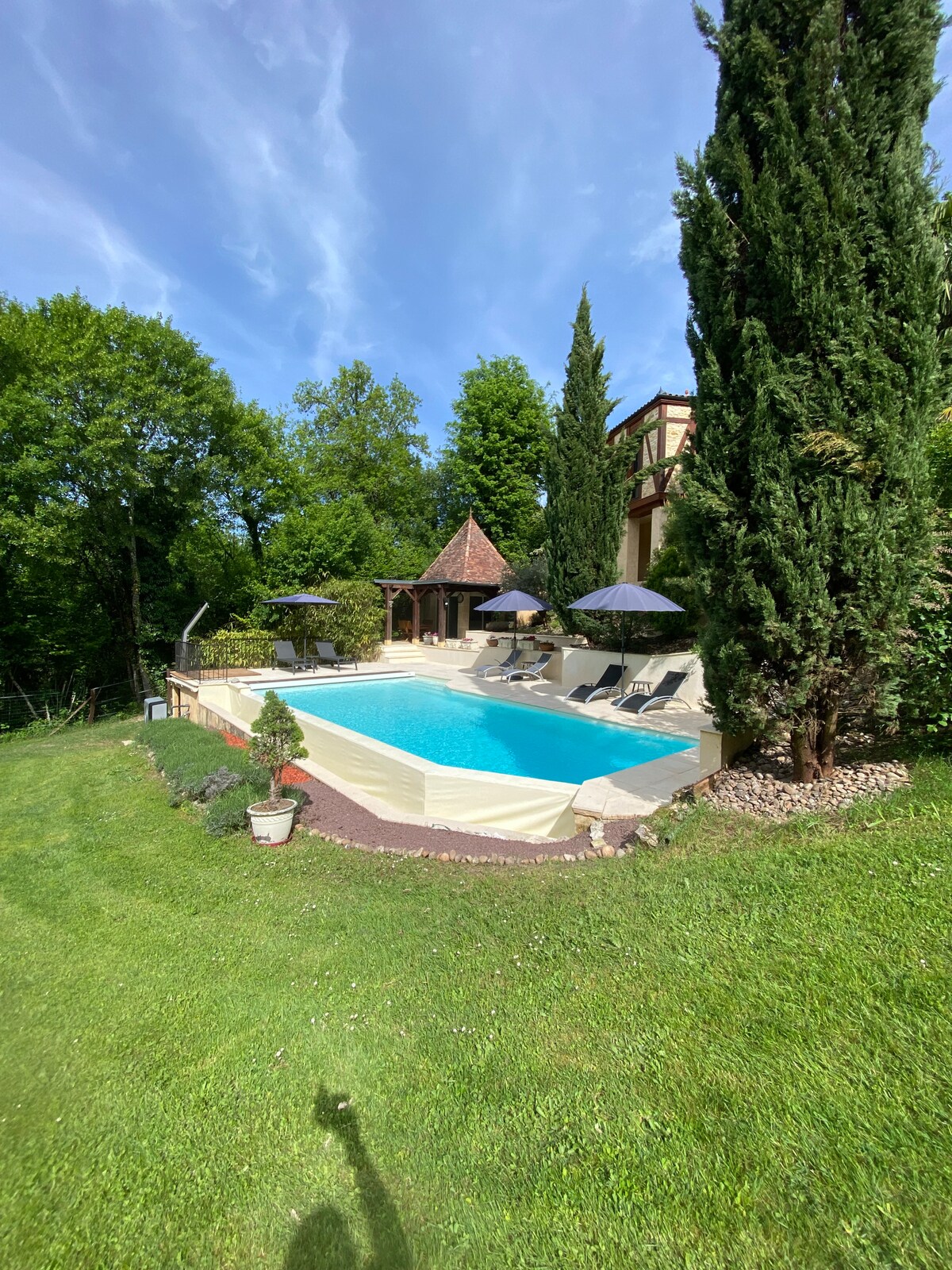 The outdoor area features a tranquil swimming pool surrounded by lush greenery. Two sun loungers with umbrellas provide comfortable seating. A gazebo structure is present nearby, offering additional shade and seating options, all set against a backdrop of well-maintained landscaping.