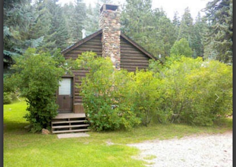 A rustic cabin is framed by dense greenery, featuring a prominent stone chimney. Stairs lead up to a wooden door, while a grassy area surrounds the structure, providing a serene, natural setting. The surrounding trees offer a sense of seclusion and tranquility.