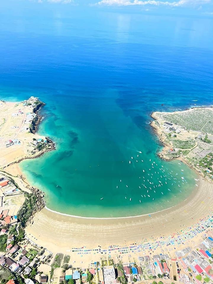 An aerial view showcases a serene beach with gentle waves lapping against the shore. Clear blue waters merge with sandy stretches surrounded by colorful beach umbrellas and sunbathers. The coastline is lined with buildings and greenery, creating a picturesque backdrop against the ocean.