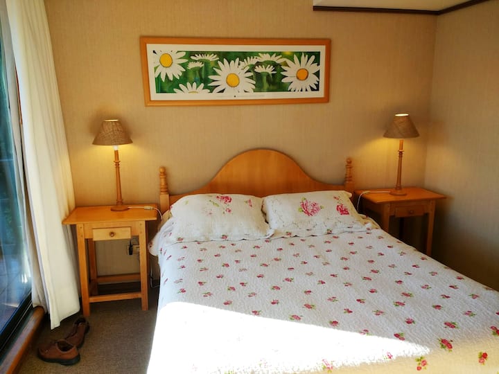 主卧套房配备标准双人床、智能电视和通往露台的出口/主卧套房配备标准双人床、智能电视和阳台通道