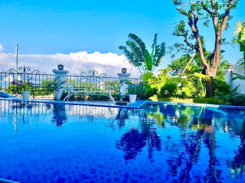 A glistening swimming pool reflects the sky and surrounding greenery, framed by a decorative fence. Lush plants and trees provide a serene backdrop, while lounge chairs invite relaxation by the water.