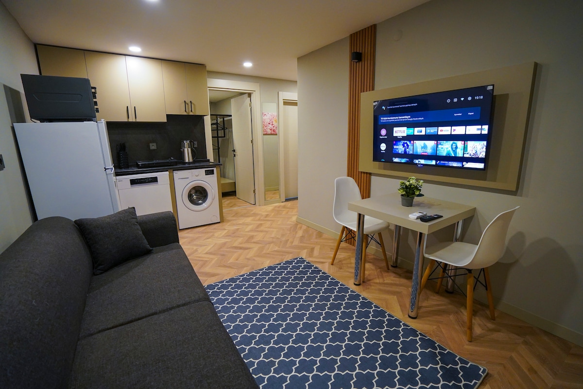 A spacious living area features a comfortable gray sofa and a modern TV mounted on the wall. A compact kitchen with a refrigerator and washing machine is visible. A small dining table with white chairs is centered on a patterned rug, providing a cozy dining space.