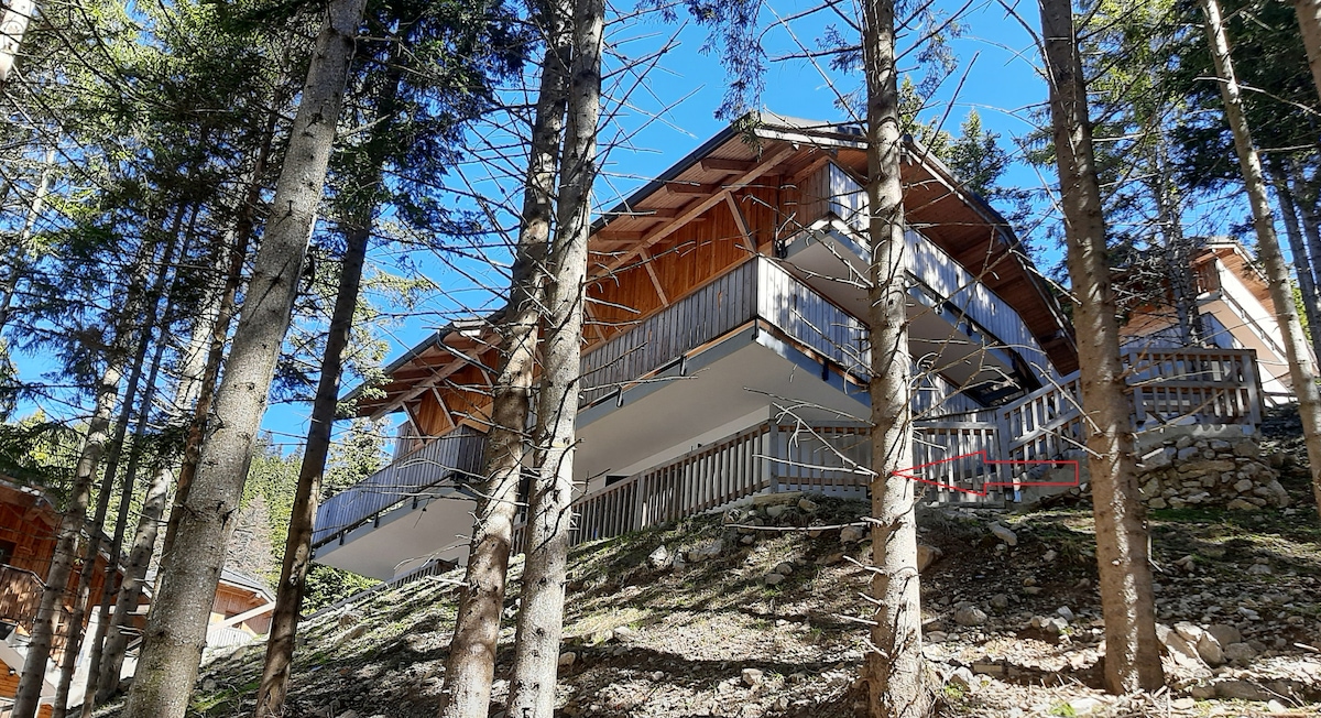 A multi-level wooden structure is nestled among tall trees, featuring broad balconies with wooden railings. The natural surroundings contribute to a serene atmosphere, and sunlight filters through the branches, creating a peaceful setting.
