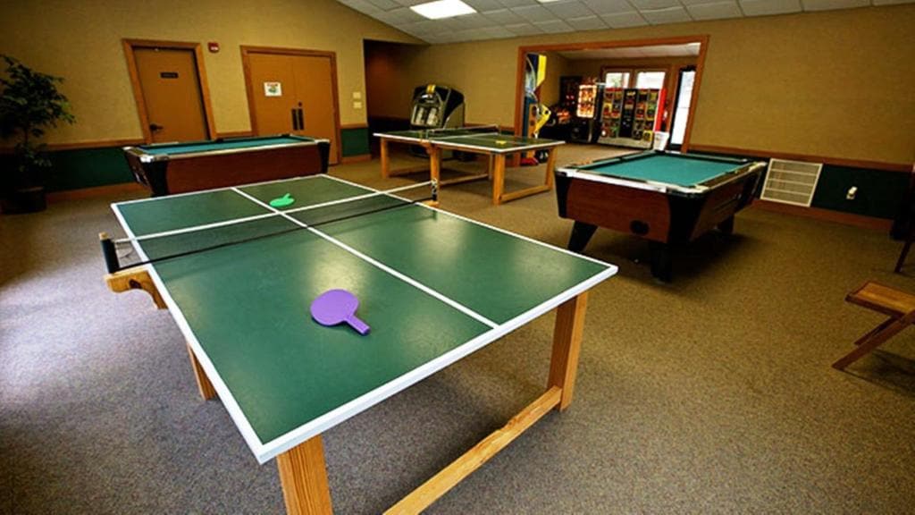 A game room is presented with multiple tables for activities. A green ping pong table with paddles is centrally positioned, while pool tables are arranged nearby. The carpeted floor and walls feature neutral tones, contributing to a relaxed environment.