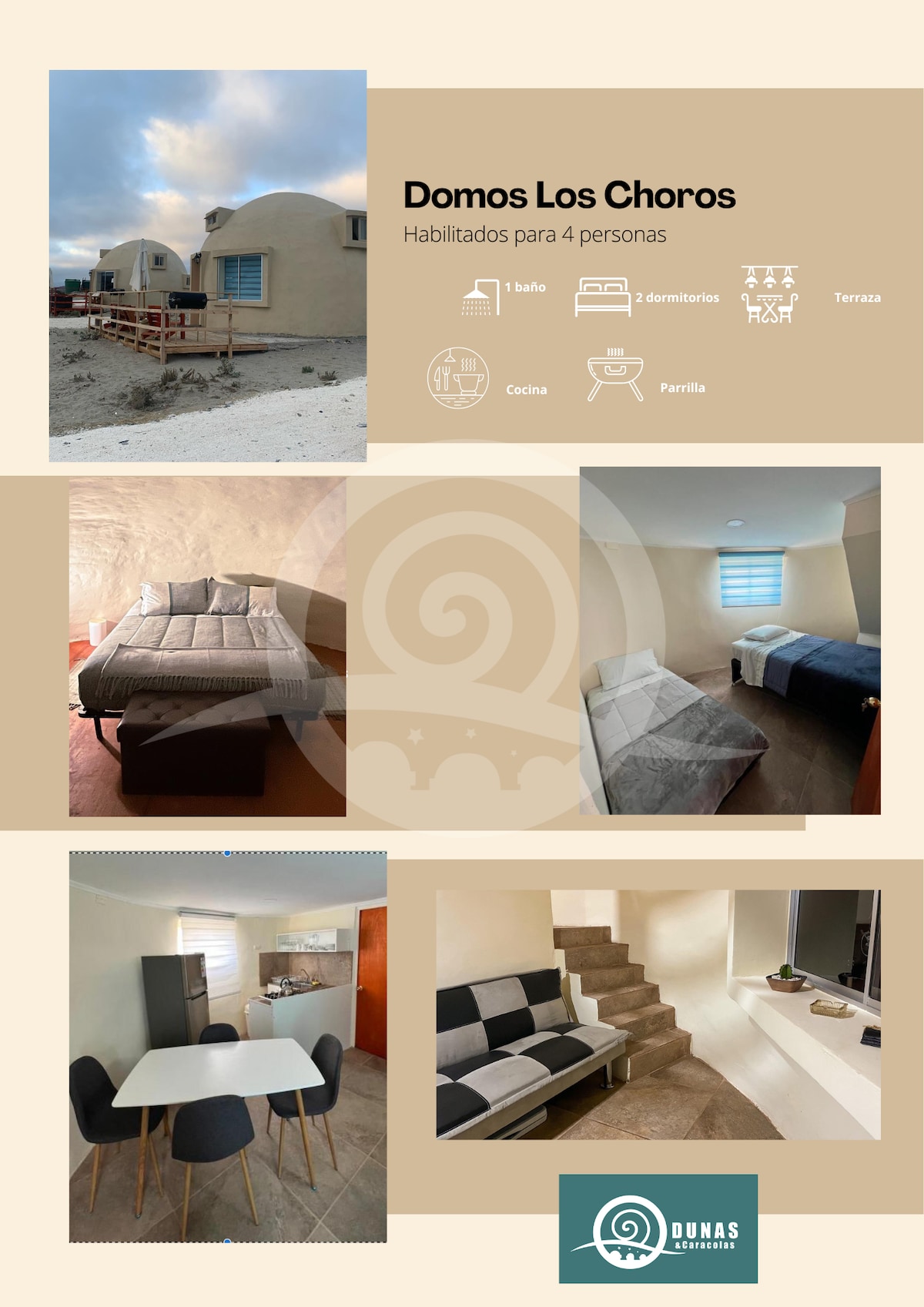 The image showcases Domos Los Choros, featuring a comfortable sleeping area with two spacious beds. A dining space includes a round table surrounded by four chairs. The cozy living area displays a modern sofa, while the kitchen is equipped with essential appliances, enhancing a functional layout.